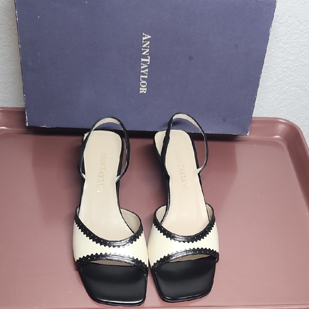 Ann Taylor Black and Cream Strappy Heels